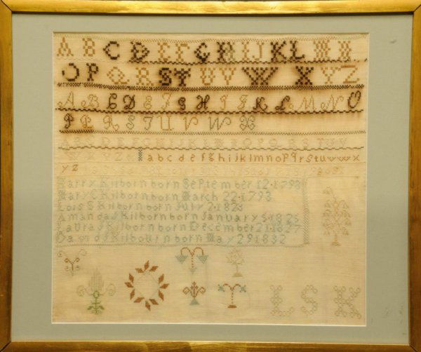 19th Century Style Sampler Cross stitch; six lines: 19th Century Style Sampler Cross stitch; six lines of alphabet in both upper and lower case; numbers 1 - 21; listing of six Kilborn family members with dates of birth ranging from 1793-1832; initials