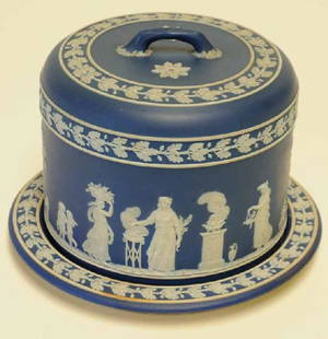 Wedgwood Medium Blue Jasper Dip Cheese Dish/Cover: Applied white relief on blue field; the cover with classical figures below banded oak leaf border; the dish with banded oak leaf border; impressed mark; plate diameter 11"; some staining to