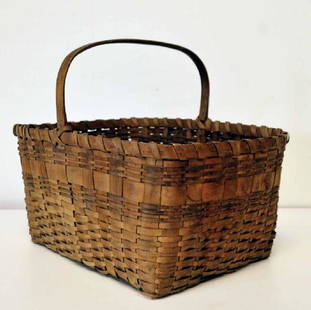 Splint Oak Gathering Basket: With carved bent wood handle; flat bottom; aged patina; 16 3/4" x 12", 12 1/2"H