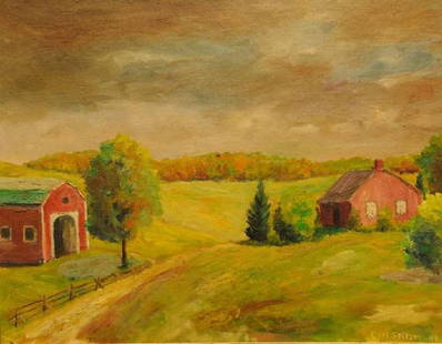 Carl Spitzer (Toledo, Ohio 1877-1962) Oil: Titled on the verso "Threatening Sky"; signed LR "Carl Spitzer 49"; depicts a rolling landscape with house, barn, and dark cloudy sky overhead; oil on canvas board; carved wood frame with gilt 