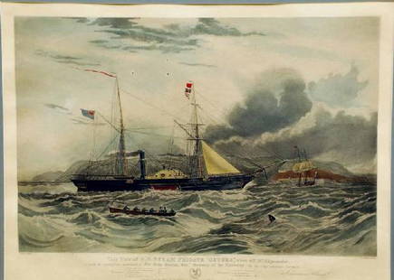 Hand Colored Print, H.M. Steam Frigate "Geyser": Framed hand colored print "This View of H.M. Steam Frigate "Geyser" . . . "; first published 1856, after C. Hunt; sight 25 1/4"W, 18 1/2"H; frame 35"W, 29"H