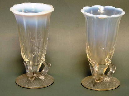 C. 1880 Pair Small Art Glass Bud Vases: Circular base with gnarled tree limbs supporting upper vase; opalescent pale yellow glass transitioning to milk glass at top rim; 4 1/2"H