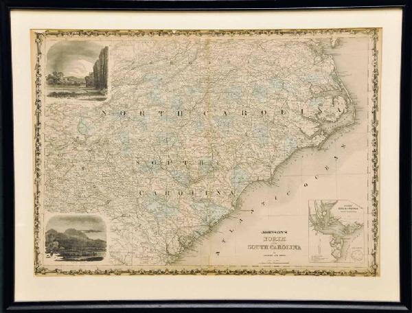 Rare Map "Johnson's North and South Carolina": Rare uncolored c. 1866 map by Johnson and Ward; fine details showing major roads and railroads; three inserts include map of Charleston Harbor, vignettes of Table Mountain, Chimney Rocks and French Br