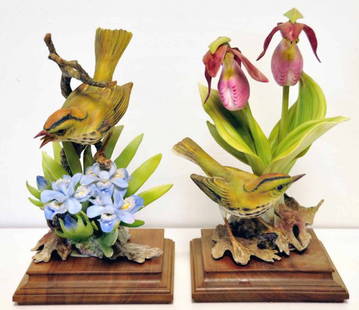 Pair of Dorothy Doughty Bird Figurines: Ovenbirds; male with crested iris; female with ladys slipper orchid; on fitted wooden bases; both with black printed Royal Worcester mark and Dorothy Doughty signature; 10 1/2" and 11"; original fitte