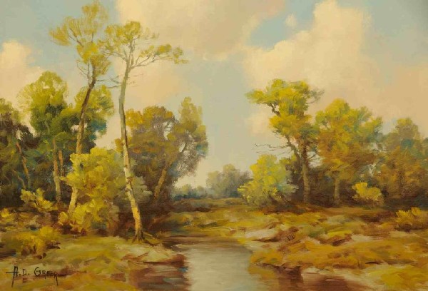 Aubrey Dale Greer (New York/Texas 1904-1998): Oil on canvas; landscape with stream; signed lower left "A. D. Greer"; chip carved wood frame with linen liner; 20"W, 16"H; frame 28 3/8"W, 24 1/4"H--Provenance: Bradford Gallery, Austin, Texas (label