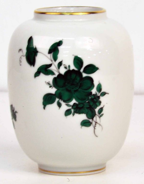 Augarten Wien Austria Vase: Porcelain vase with green floral motif and gilt banding on top rim and base; 4"H
