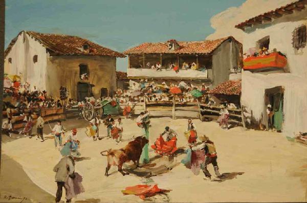 Roberto Domingo Y Fallola (Spanish, 1883-1956): Bullfighting scene with spectators; signed "R. Domingo" lower left; oil on paper; mounted on heavy card stock; unframed; 13 3/4"W, 9 5/8"H--Private collection, Columbia, SC