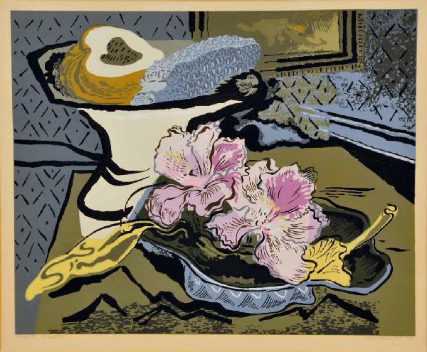 Guy Crittington Maccoy (American, 1904-1981): Serigraph in colors by Guy Maccoy who is known as the father of the serigraphic process; titled "Purple Flowers" lower left in pencil; signed "Guy Maccoy 45" lower right in pencil; sight 13 1/2"W, 11"
