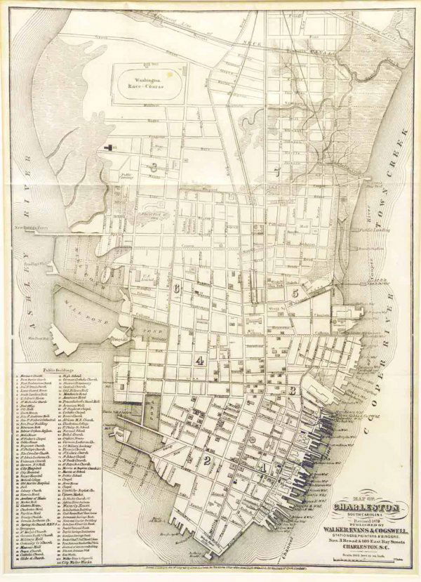 Map of Charleston, South Carolina, Revised 1879: Published by Walker, Evans & Cogswell, Charleston; shows Public Buildings and proposed Neck Canal; sight 13 1/4"W, 18"H; matted and framed 21"W, 26 1/2"H