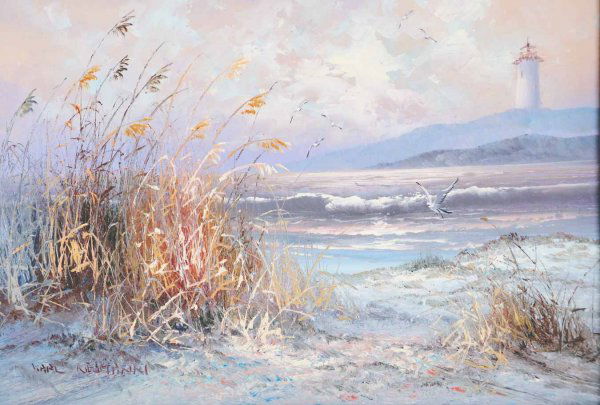 Karl Neumann (American 1891-1985) Oil: Seascape with lighthouse in the distance; titled on verso "Along the Shore"; signed lower left; oil on academy board; wooden frame with burlap liner; sight 15 1/2"W, 11 1/2"H; frame 24 3/4"W, 20