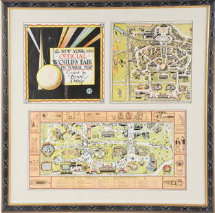 Framed Tony Sarg 1939 World's Fair Pictorial Map: Tony Sarg (American, 1880-1942), "The New York 1939 Official World's Fair Pictorial Map Created by Tony Sarg 25Â¢" cover and Transportation Zone maps, three pieces matted and under glass in painted