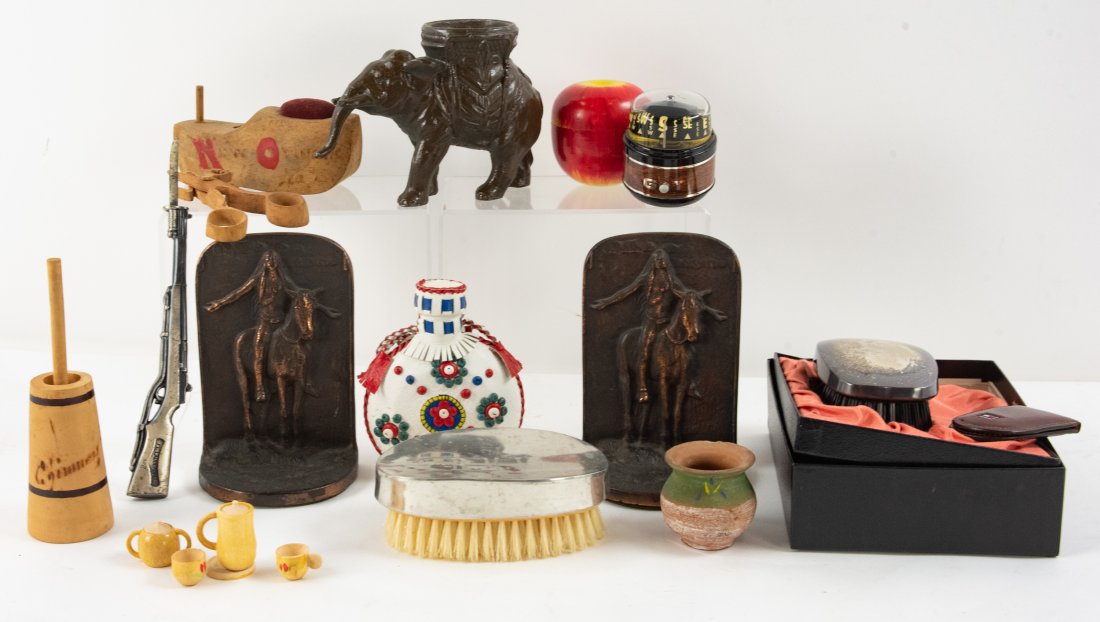 Lot of Interesting Smalls & Souvenirs: Including: Webster sterling silver clothes brush in original box---Pair of copper over cast iron bookends with Native American on horseback in relief; 5 3/4"H, 3 3/4"W---English pewter clothes brush--