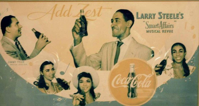 Rare c. 1950 Coca-Cola Advertising Poster: Coca-Cola poster advertising 'Larry Steele's "Smart Affairs" Musical Revue' and featuring images of Larry Steele, Jimmy Tyler, and three African-American women in cowboy hats all holding Coca-Cola bot