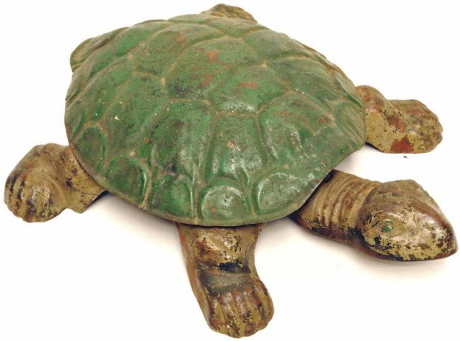 Cast Iron & Tin Mechanical Turtle Spittoon: Complete and retaining original metal insert with lid; step on head to raise shell; late 19th/early 20th century; 14"L, 10 1/2"W; wear to paint