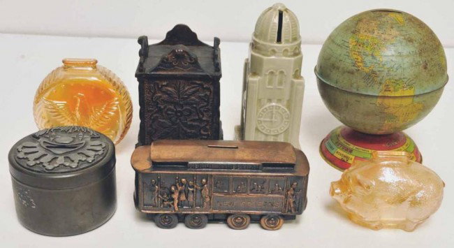Lot of Seven Coin Still Banks: 1. Vintage Chein tin "Giant Globe Bank", base banded with astrological signs, seasons, months of year; 6 1/2"H; discoloration/rust, missing cap on bottom; 2. Carnival glass pig bank; 2" x 4 1/4", 3"H;