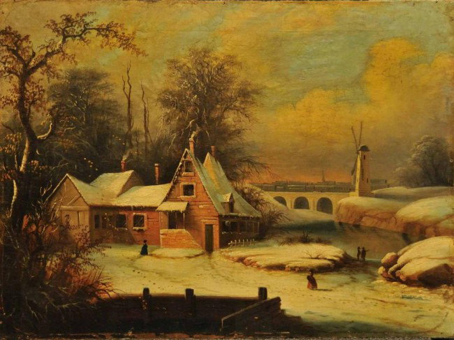Dutch School (18th Century) Painting: Oil on canvas laid on academy board; winter scene in Holland; c. 1760; unframed; 29"W, 21 1/2"H; craquelure; repair in sky area