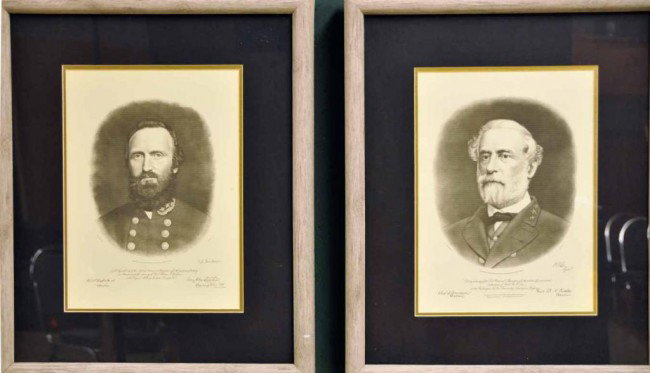 Portraits of Robert E. Lee & Stonewall Jackson: 1. 20th century print of a c. 1870 engraving by A. B. Walter of Robert E. Lee after a photo taken from life; matted and under glass in a faux weathered wood frame; 21 1/2"W, 26"H; 2. 20th century prin