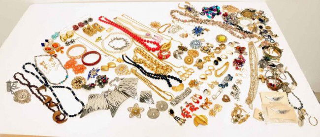 Superb Lot of Vintage to Modern Costume Jewelry: Many pieces marked including Monet, Diane Von Furstenberg, Trifari, Coro, Les Bernard, Dauplaise, Napier, Park Lane, Blanca, Sarah Coventry, among others; approximately 15 bracelets, 23 necklaces, 8 r
