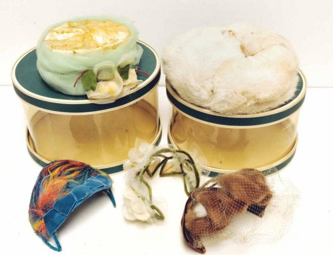 Group of 5 Vintage Hats, 2 Hat Boxes, Jewelry: Including: whimsy veil hat with mink and having a large cocoa bow, made by United Hatters, Cap & Millinery; white Russian fur hat with ear flaps; feather hat in vivid colors and having turquoise blue 