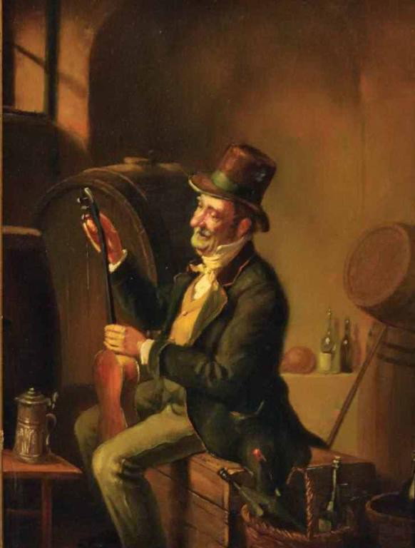 Samuel Brunner (Czech 1858-1939) Oil on Board: Genre painting depicting a gentleman with his violin in the wine cellar; signed lower right "Samuel Brunner"; contemporary gilt wood frame; sight 11 1/2"W, 15 1/2"H; frame 17"W, 21"H--Samuel Brunner w