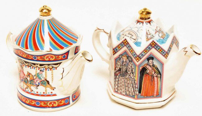 Two Sadler Teapots: 1. "Carousel" from the Edwardian Entertainments; 2. "Elizabeth I Queen of England" from the Historical Series--From the living estate of Dr. Clark Collins, Greenville, South Carolina