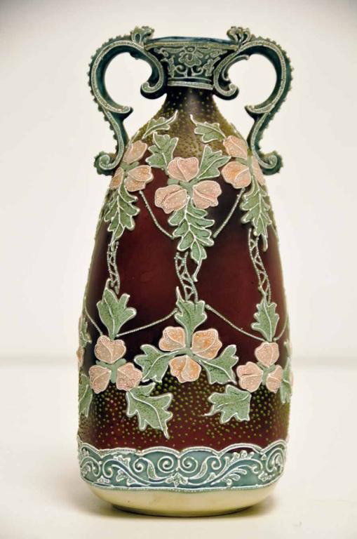 Nippon Moriage Decorated Porcelain Vase: Twin handled vase with extensive salmon and green floral decoration on a brown ground; green maple leaf mark; 8 1/2"H