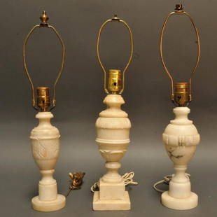Three Marble Urn Form Table Lamps: 13 3/4", 12 3/4", 13" to top of socket; all in relatively good condition with only minor chipping and abrasions