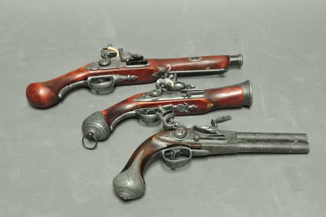 Three Decorative Reproduction Flintlock Pistols: Non-firing; faux aging and patina; 11 1/2"L - 16"L