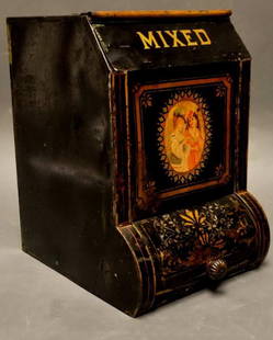 Painted Tin Tea Bin w/ Reversible Sign: General store tin tea bin; top loading with cylinder door in base; black ground with stenciled decoration and image of two women in central medallion; reversible sign on top with one side "B. F.