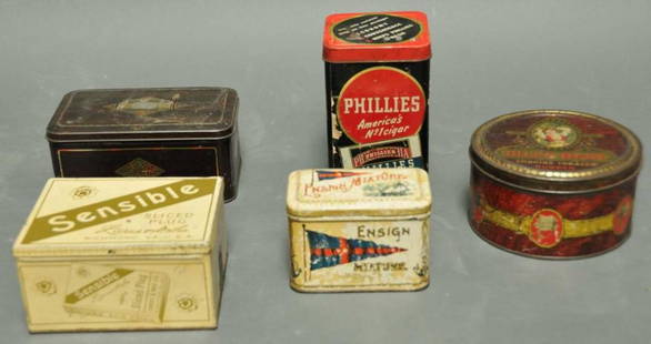Five Tobacco Tins: Including: Ensign Mixture, Sensible Sliced Plug, Dill's Best Smoking Tobacco, Phillies Cigar, Palmy Days Tobacco