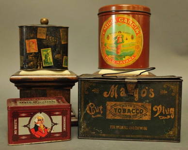 Four Tobacco Tins: Including; Mayo's Cut Plug lunch pail tobacco tin, Emilia Garcia Mild Havana, Old English Curve Cut Pipe Tobacco, Tin box stamped "Container Made in Western Germany"