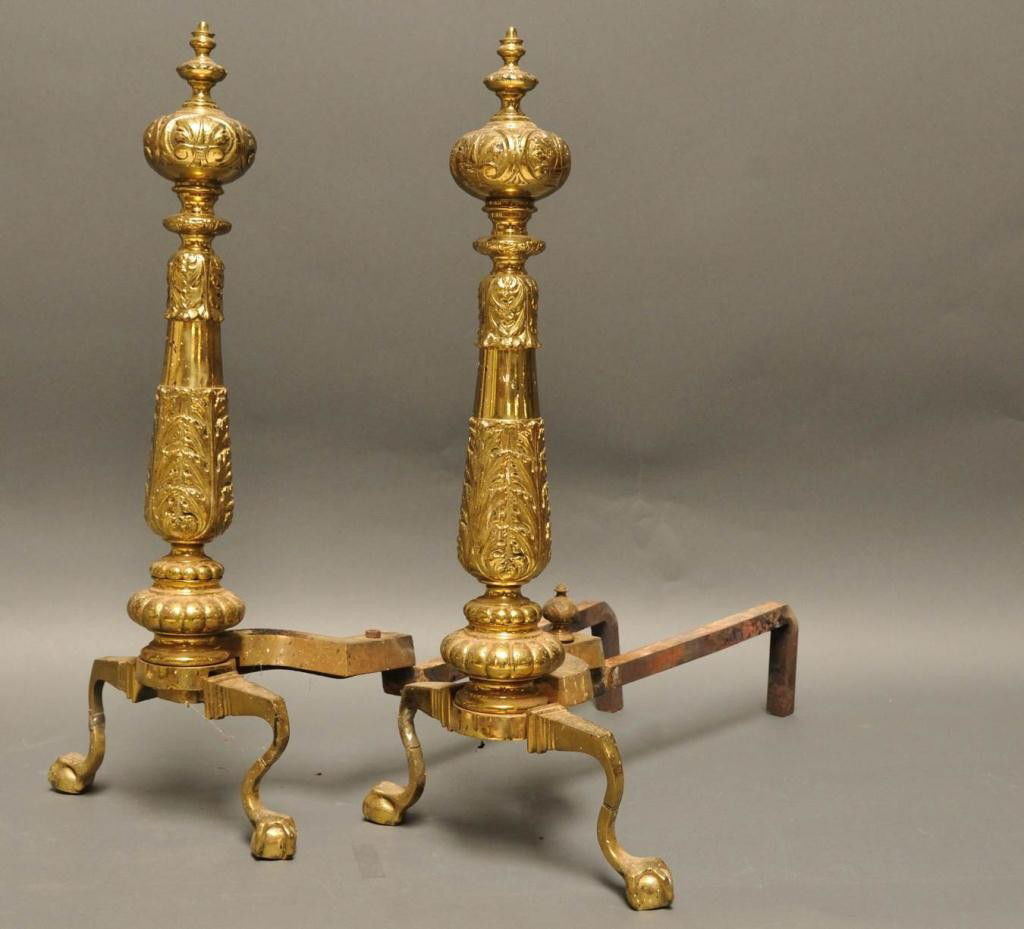 C. 1850 Philadelphia Style Brass Andirons: Elaborately cast brass andirons with ball and claw feet; shaft decorated with acanthus leaves and having a multi-lobed base and heavily molded ball finial; 24"H, 11"W, 21"D; repairs; one missing rear