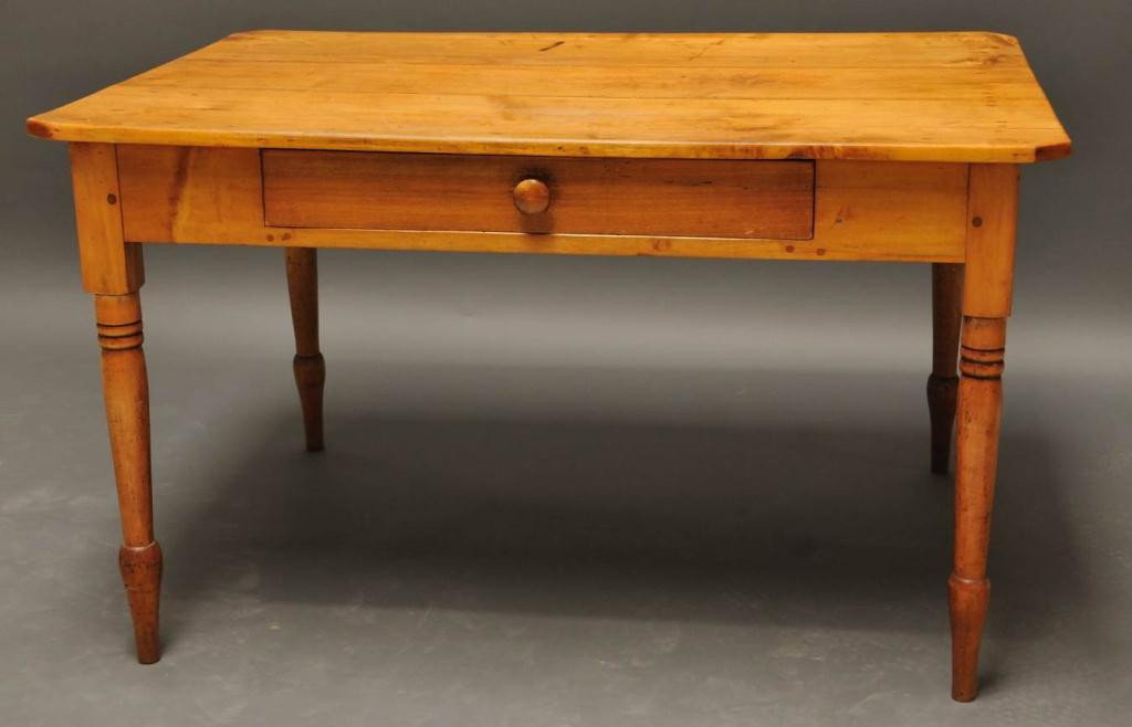 Cherry One-Drawer Work Table: Hand turned legs; top with canted corners; pegged construction; 47 3/4"W, 33 1/2"D, 27 3/4"H; drawer rebuit; age cracks, scratches, stains commensurate with age and use