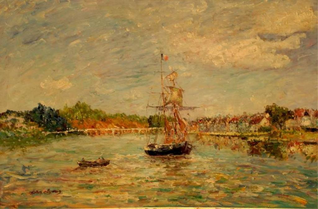 John Clymer (English/American, b. 1932) OOC: Impressionistic harbor scene with sailboat and three figures in rowboat; signed lower left "John Clymer"; oil on canvas; modern carved and painted wood frame; sight 35 3/4"W, 23 3/4"H; frame 43 1/2"W,