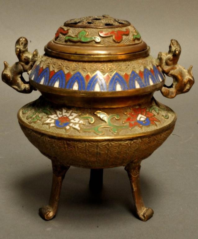 Asian Champleve Incense Burner: Foo dog finials; approximately 6 1/2"W, 6 3/4"H