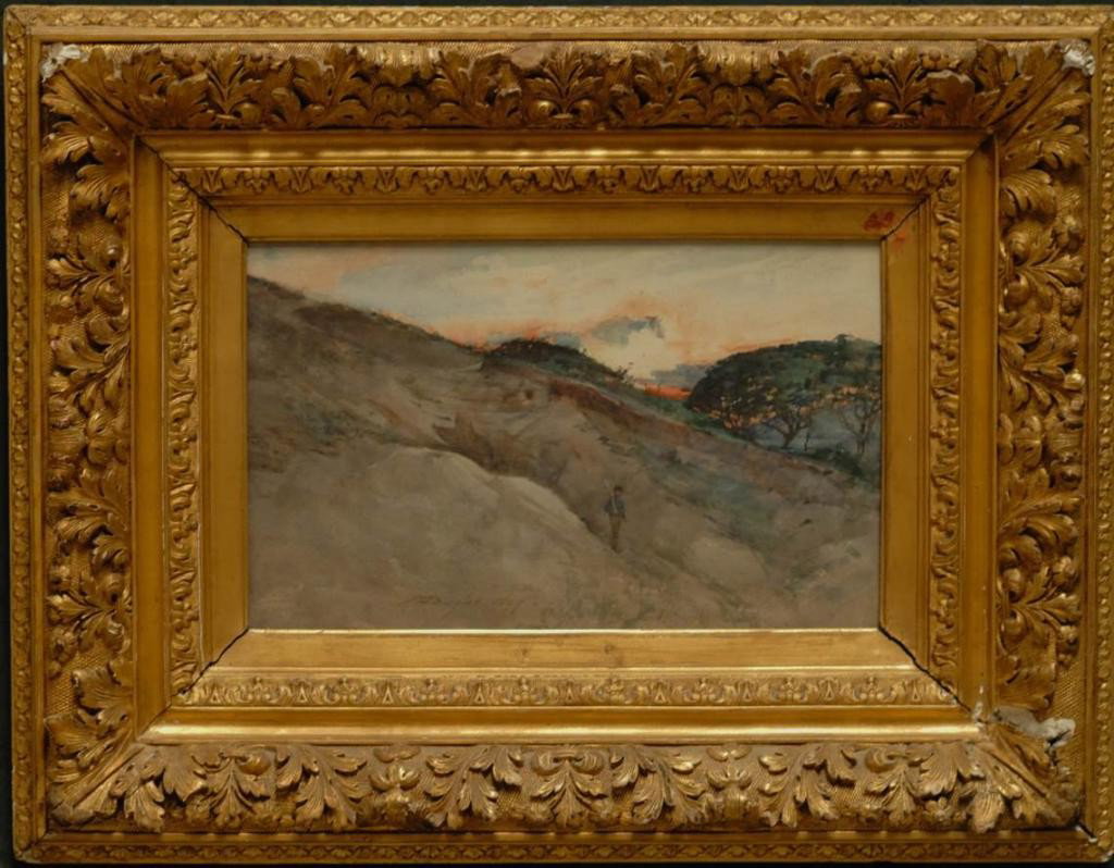 Signed and Dated Watercolor in Ornate Gilt Frame: Watercolor depicting man walking down hillside with spade over his shoulder; signed and dated lower middle "? Douglas 1899"; English school; ornate carved wood and gesso gilt frame with extensive leaf