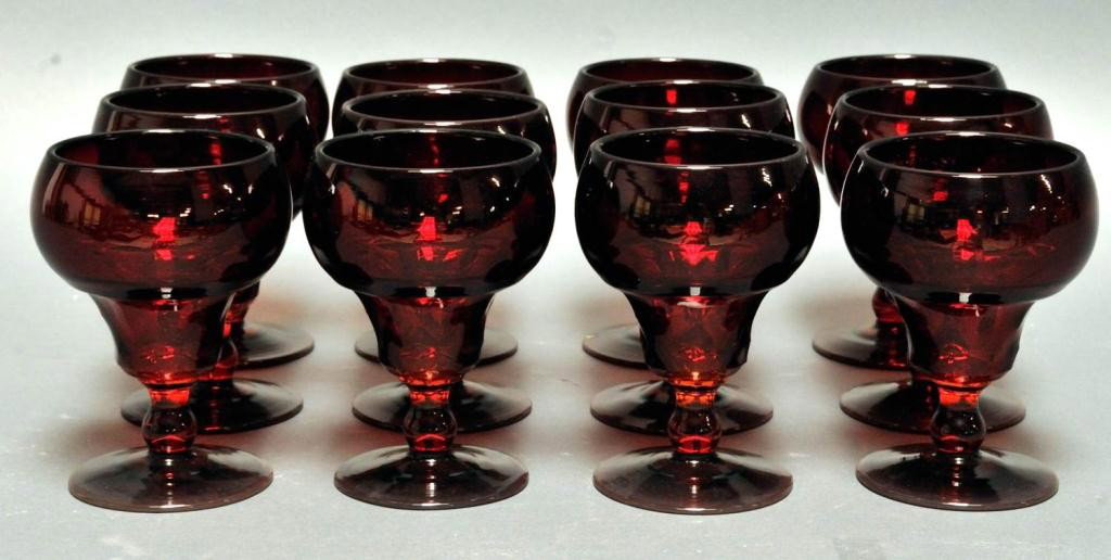 Set of 12 Duncan & Miller Ruby Red Water Goblets: In the Georgian pattern, #103; 5 1/4"H