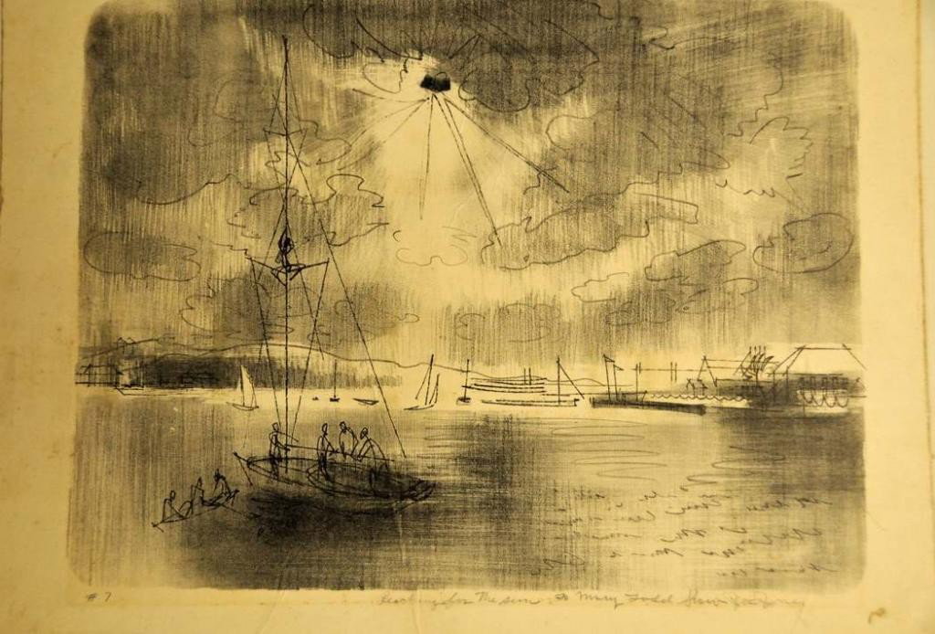 Joe Jones (American, 1909-1963) Lithograph: Harbor scene titled in pencil "Reaching for the Sun"; signed and personalized lower right; numbered "#7" lower left; mounted on artist board, unframed; 16 1/2"W, 12 1/2"H; toning and surface grime to 