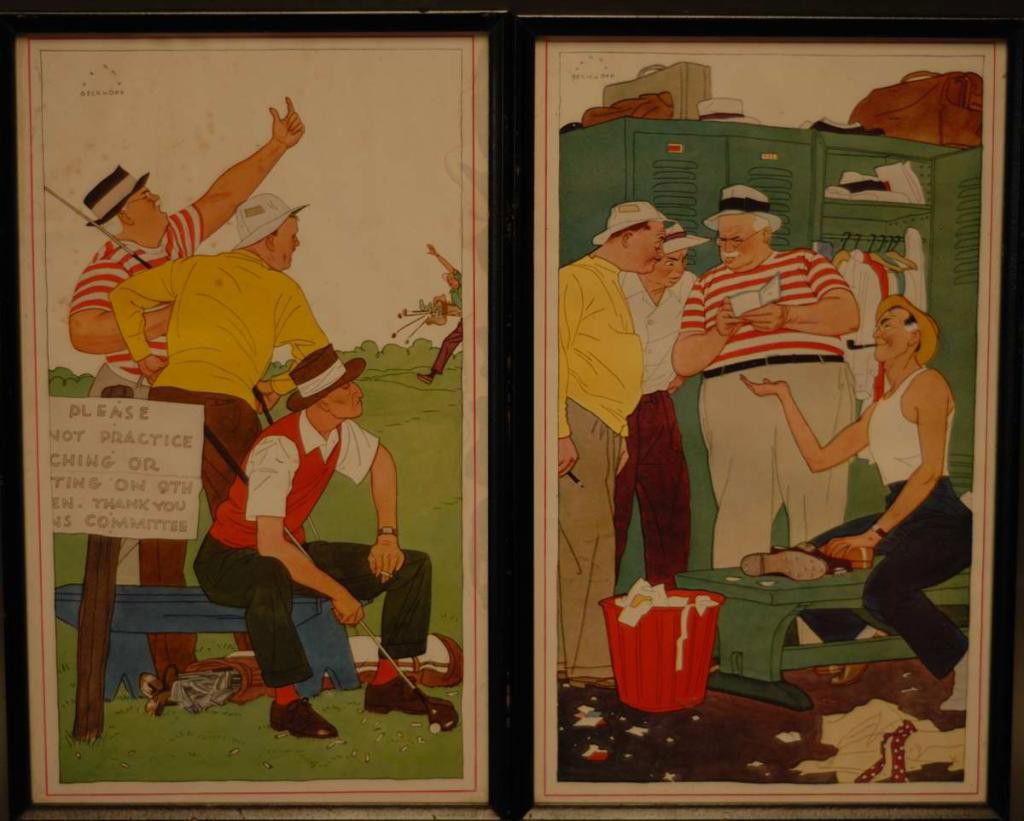 Two Harry Beckhoff (Am. 1901-1979) Golf Prints: Two humorous golf prints in color; under glass in black-painted wood frames; 8 3/4"W, 14 1/4"H; one with foxing in upper left area and staining near right margin; scuffs to frames