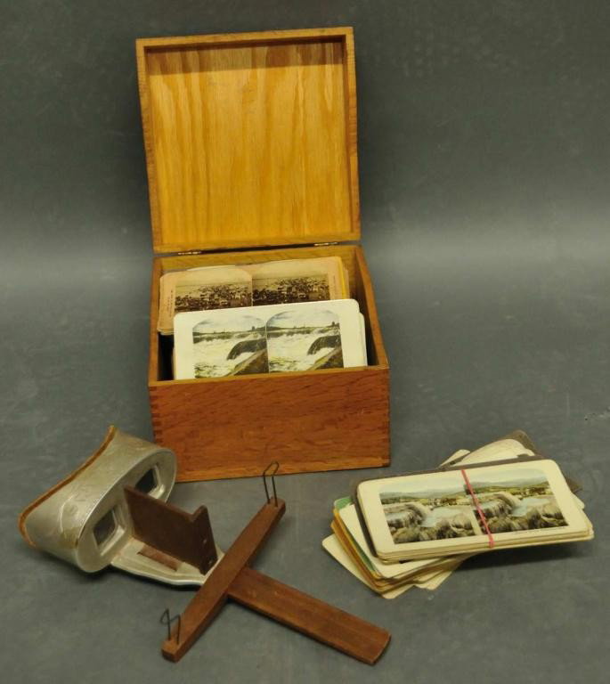 Stereoscope with Approximately 195 Stereo Cards: Depicting a wide range of subjects including worldwide travel landmarks, courtship, weddings, children, Russian Cossacks, livestock, etc.; marked "Underwood & Underwood, New York, Patented June 11, 19