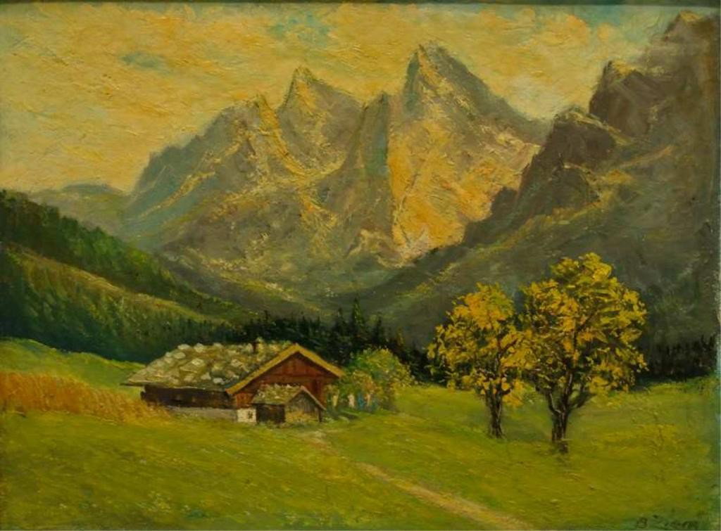 Signed Oil Depicting Alpine Landscape: Oil on board; signed lower right "B. Ziem"; painted wood frame with linen liner; sight 15 1/4"W, 11 1/4"H; frame 19 1/4"W, 15 1/4"H; foxing to linen liner; frame with abrasions
