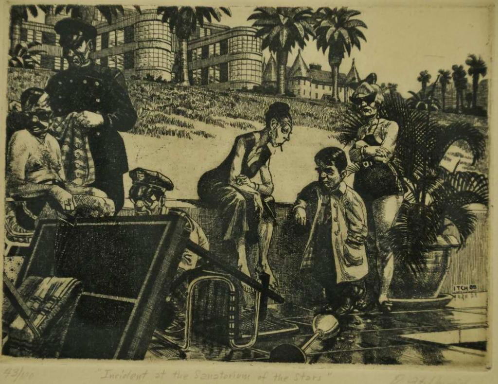 David Michael Itchkawich (American, b. 1937): Signed and numbered engraving "Incident at the Sanatorium of the Stars" 43/100; matted and under glass in black wood frame; sight 7 1/4"W, 5 1/2"H frame 12 1/2"W, 11 1/4"H