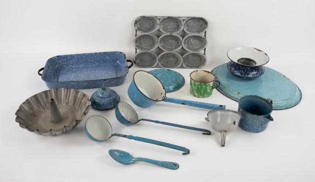 13 Pcs. Graniteware, 1 Enameled Tin (1 of 14)