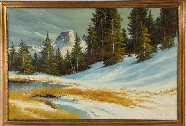 David Scott (Canadian, 20th/21st C.): Oil on canvas depicting a snow covered landscape with pine trees and mountains, signed lower right "David Scott", gilt wood frame; sight 35 1/2"W, 23 3/4"H; frame 38 3/4"W, 26 3/4"H; good condition wi