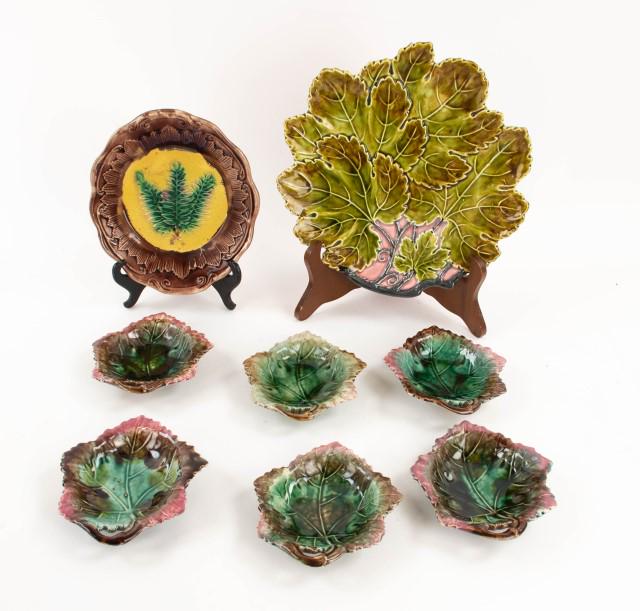 Set of 6 Majolica Leaf Butter Pats, Plate, Bowl (1 of 11)