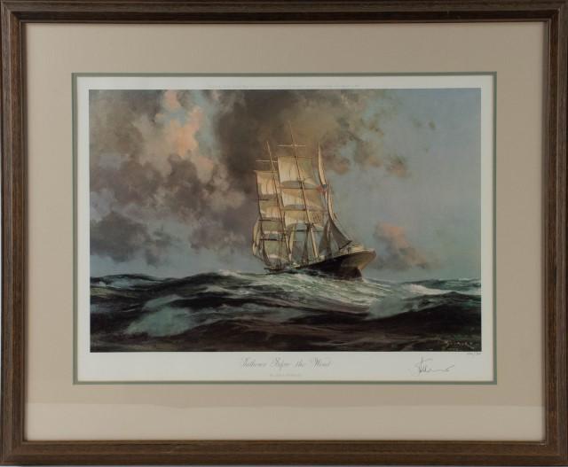 John Stobart (Massachusetts/Florida, b. 1929): "Gatherer Before the Wind", numbered in pencil "484/750" and signed in pencil lower right; matted and under glass in wood frame 32"W, 28 1/4"H; good condition (Ref. 82-1)