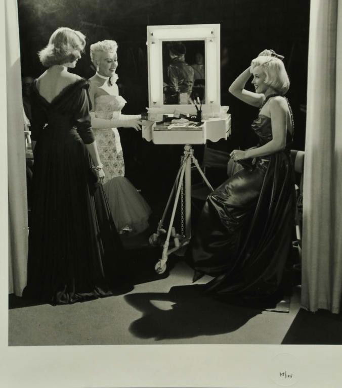 Marilyn Monroe Photo by Frank Worth (1923-2000): Limited edition black and white photograph of Marilyn Monroe in dressing room with Lauren Bacall and Betty Grable on the set of "How to Marry a Millionaire"; photograph was taken in 1953 by noted Holl