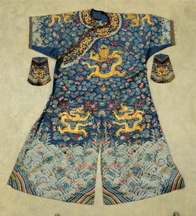 Chinese Gold Dragon Heavily Embroidered Robe: Blue summer weave gauze with counted-thread embroidery and gold couched five-claw dragons; late 19th/early 20th century; one gold button missing, small repair on back, losses to thread and some loose