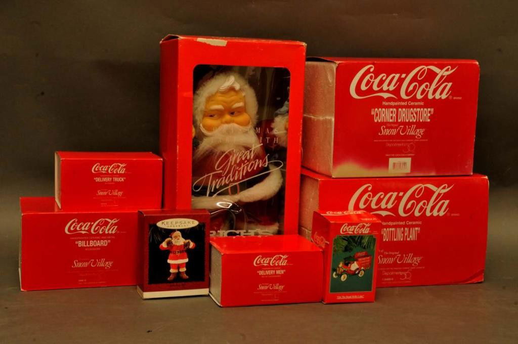 Coca-Cola Dept. 56 Snow Village Access. & Other: Lot of Department 56 The Original Snow Village Coca-Cola accessories including: Corner Drugstore #5484-4, Bottling Plant #5469-0, Delivery Truck 5479-8, Delivery Men #5480-1, Billboard 5481-0; all in