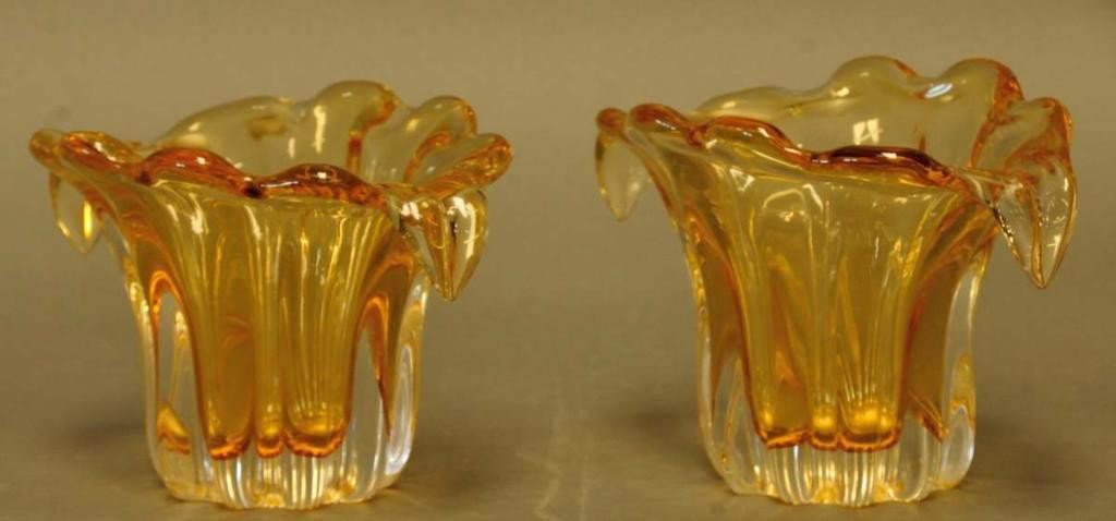 Pr. of Amber Art Glass Fan Vases: Ribbed bodies with scalloped rims; polished pontil marks; 20th century; 8 1/2" x 5 3/4", 5 3/4"H